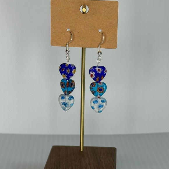 Handmade Jewelry - Blue and White Lampwork Heart Beaded Earrings
